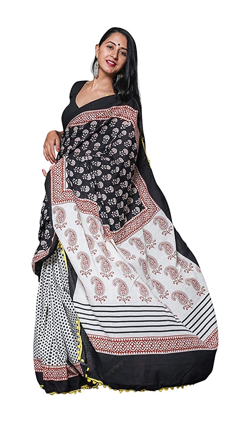 Kala Niketan Soft Mul-Cotton Pom-Pom Lace Saree with Blouse Piece