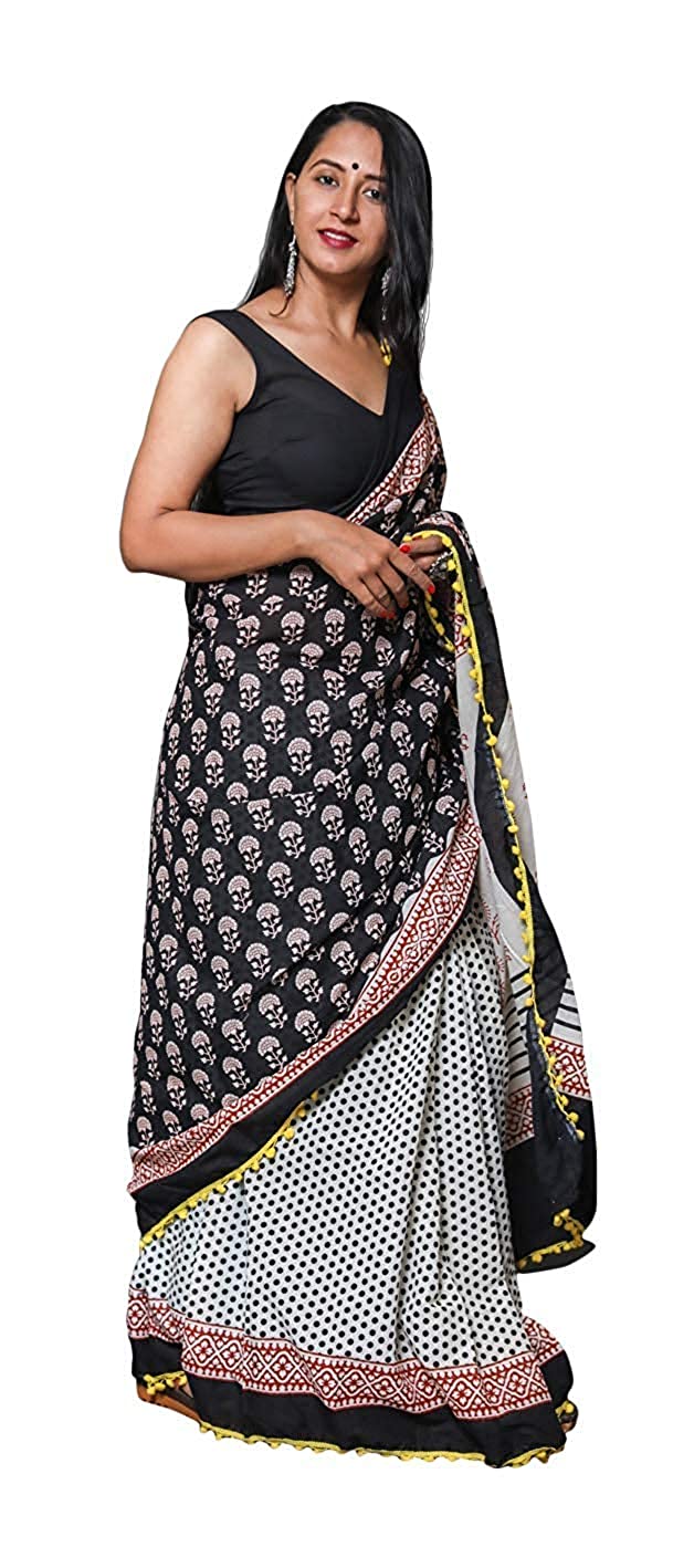 Kala Niketan Soft Mul-Cotton Pom-Pom Lace Saree with Blouse Piece
