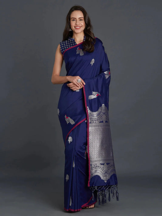Kala Niketan Navy Blue Silk Blend Solid Banarasi Saree