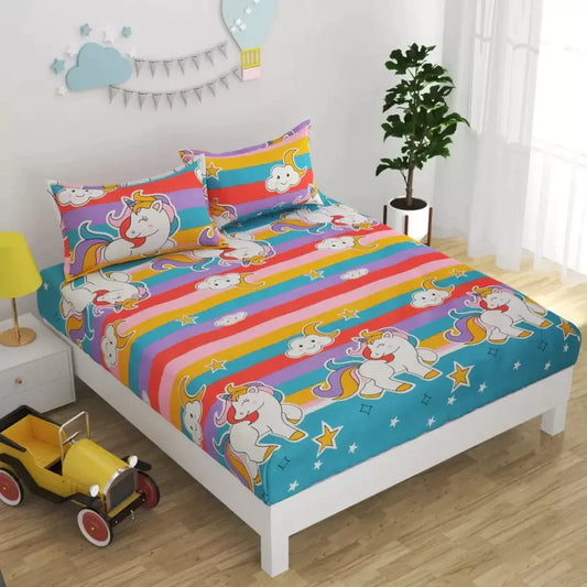 Premium Elastic Fitted Double Bedsheet with 2 Pillow Covers