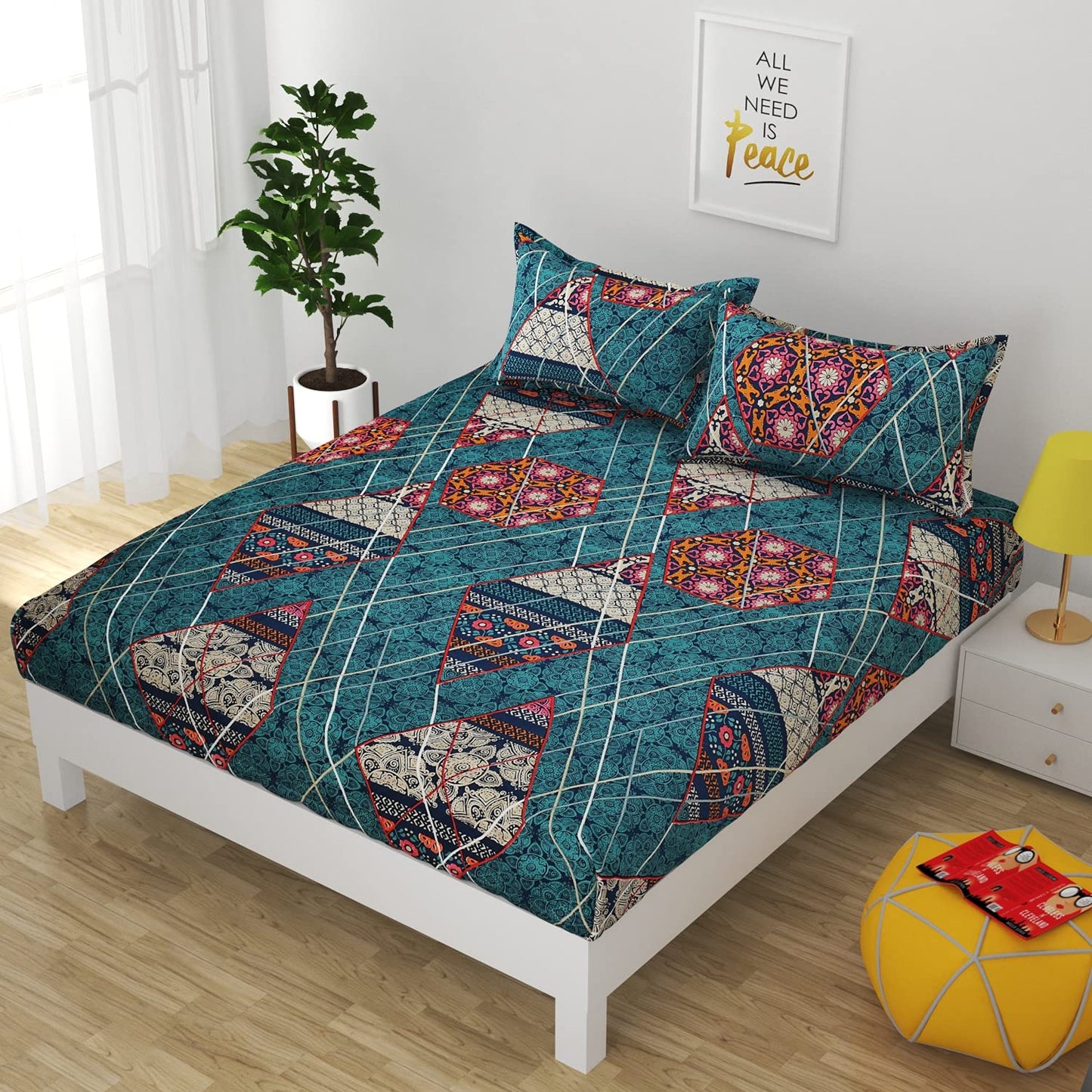 Premium Elastic Fitted Queen Size Double Bedsheet with 2 Pillow Covers