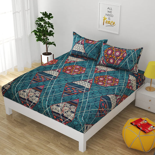 Premium Elastic Fitted Queen Size Double Bedsheet with 2 Pillow Covers