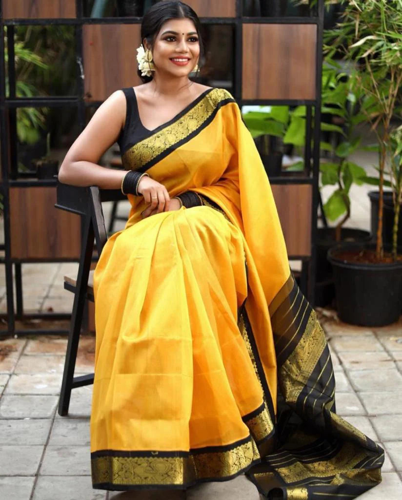 Yellow Silk Saree Traditional Kanchi Soft Silk Sari With Attached Blouse