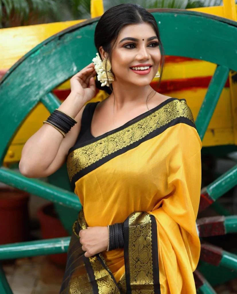 Yellow Silk Saree Traditional Kanchi Soft Silk Sari With Attached Blouse