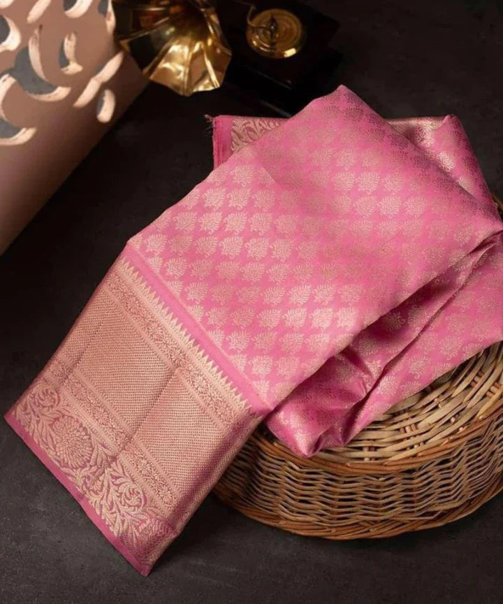 Kala Niketan Peach Traditional Kanchi Soft Silk Sari With Attached Blouse