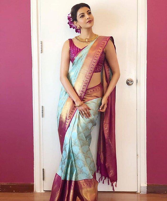 Kala Niketan Sky Blue Stylish Soft Saree With Attached Blouse for Woman