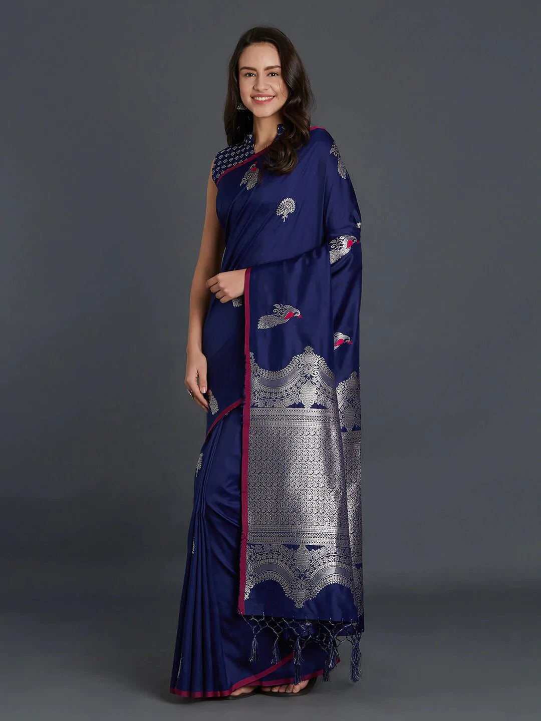 Kala Niketan Navy Blue Silk Blend Solid Banarasi Saree