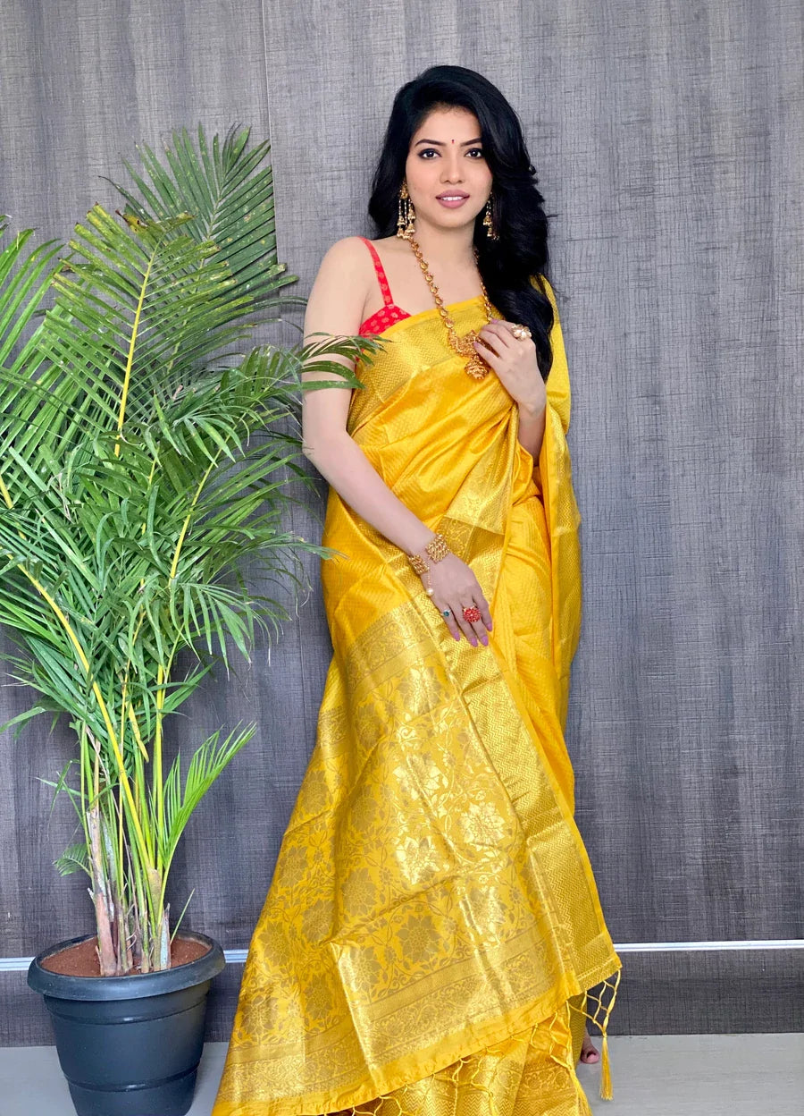 Kala Niketan Yellow Smooth Silk Saree With Golden Zari Border
