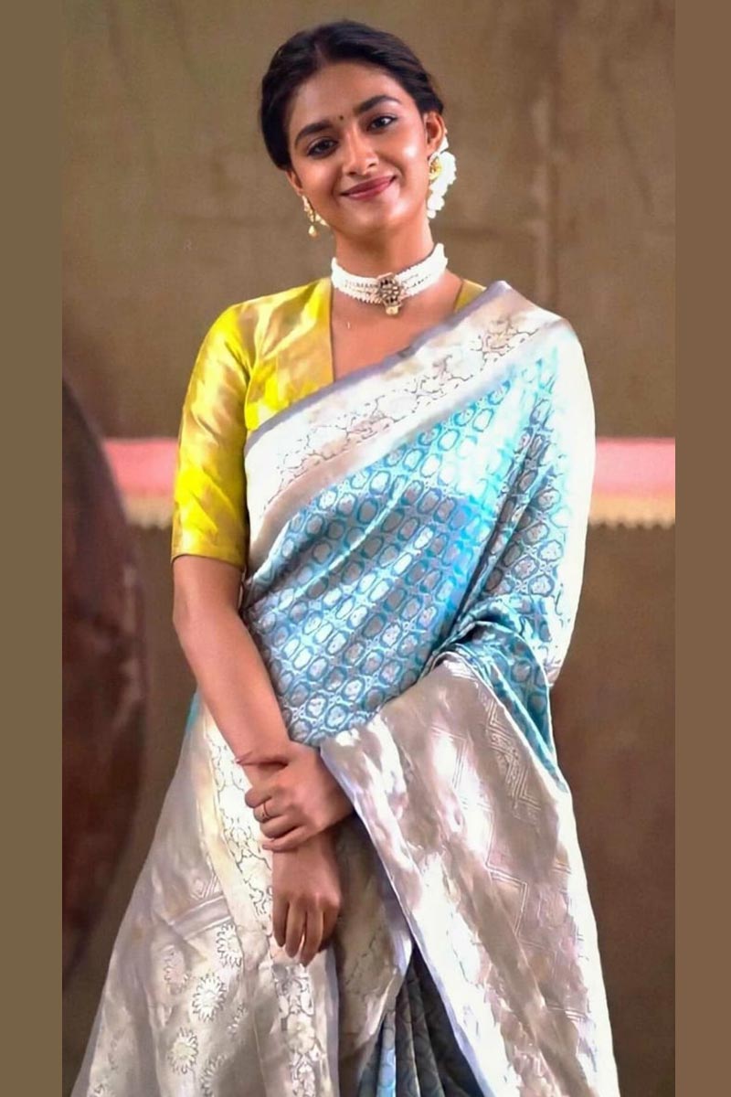 Silver Zari Work Soft Lichi Silk Wedding Wear Saree