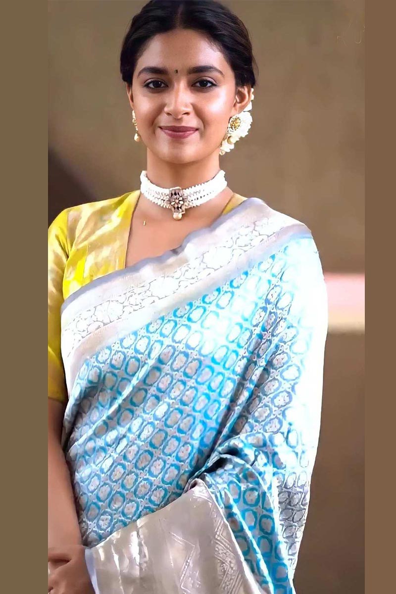 Silver Zari Work Soft Lichi Silk Wedding Wear Saree