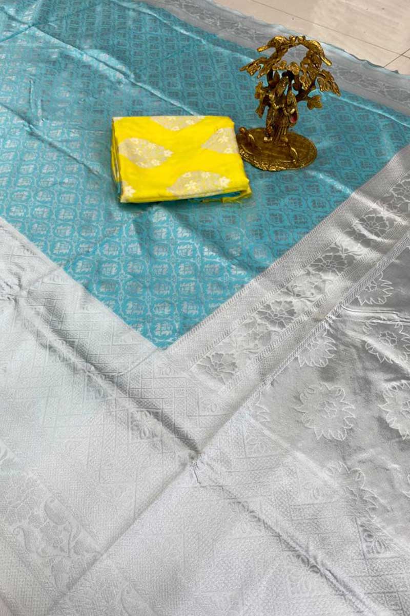 Silver Zari Work Soft Lichi Silk Wedding Wear Saree