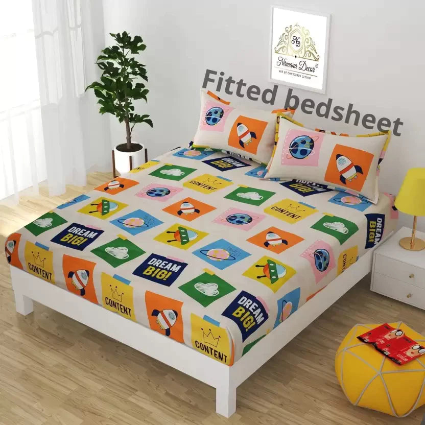 Premium Elastic Fitted Double Bedsheet with 2 Pillow Covers (Fits Any Beds & Mattresses)