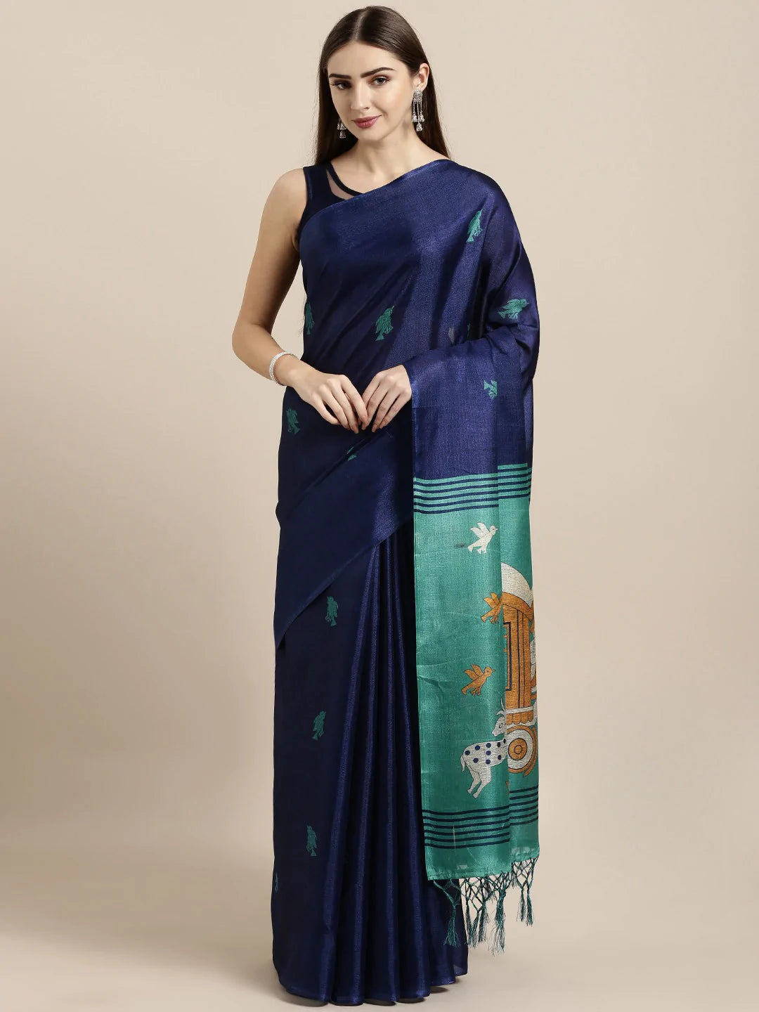 Kala Niketan Navy Blue & Teal Green Art Silk Woven Design Khadi Saree