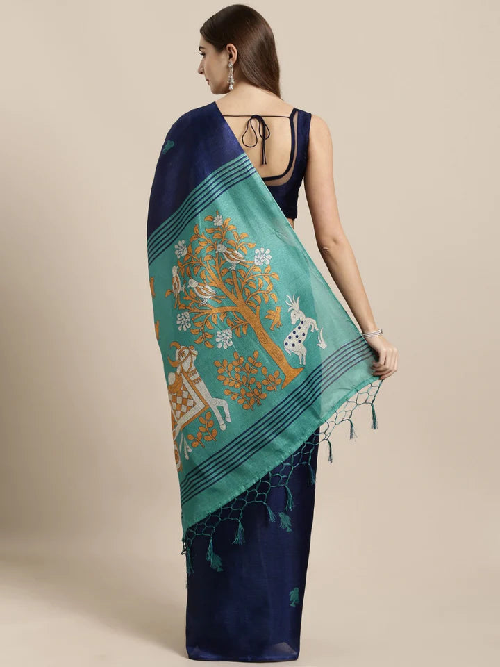 Kala Niketan Navy Blue & Teal Green Art Silk Woven Design Khadi Saree