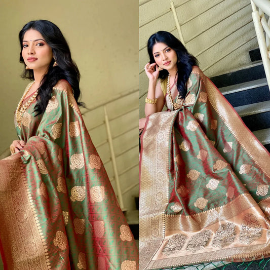 Kala Niketan Green Smooth Silk Saree With Golden Zari Border