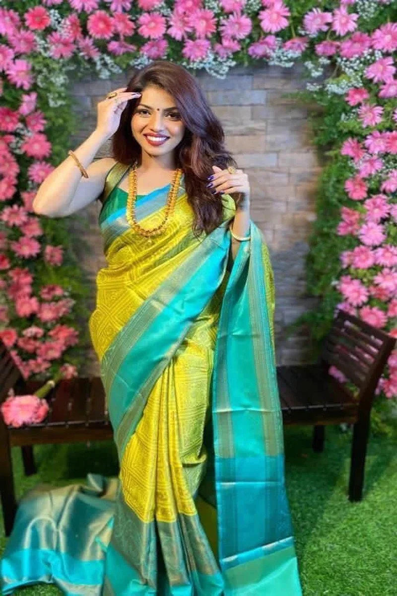 Kala Niketan Beautiful Yellow And Rama Color Lichi Silk Saree - Rich Pallu & Contrast Border Saree