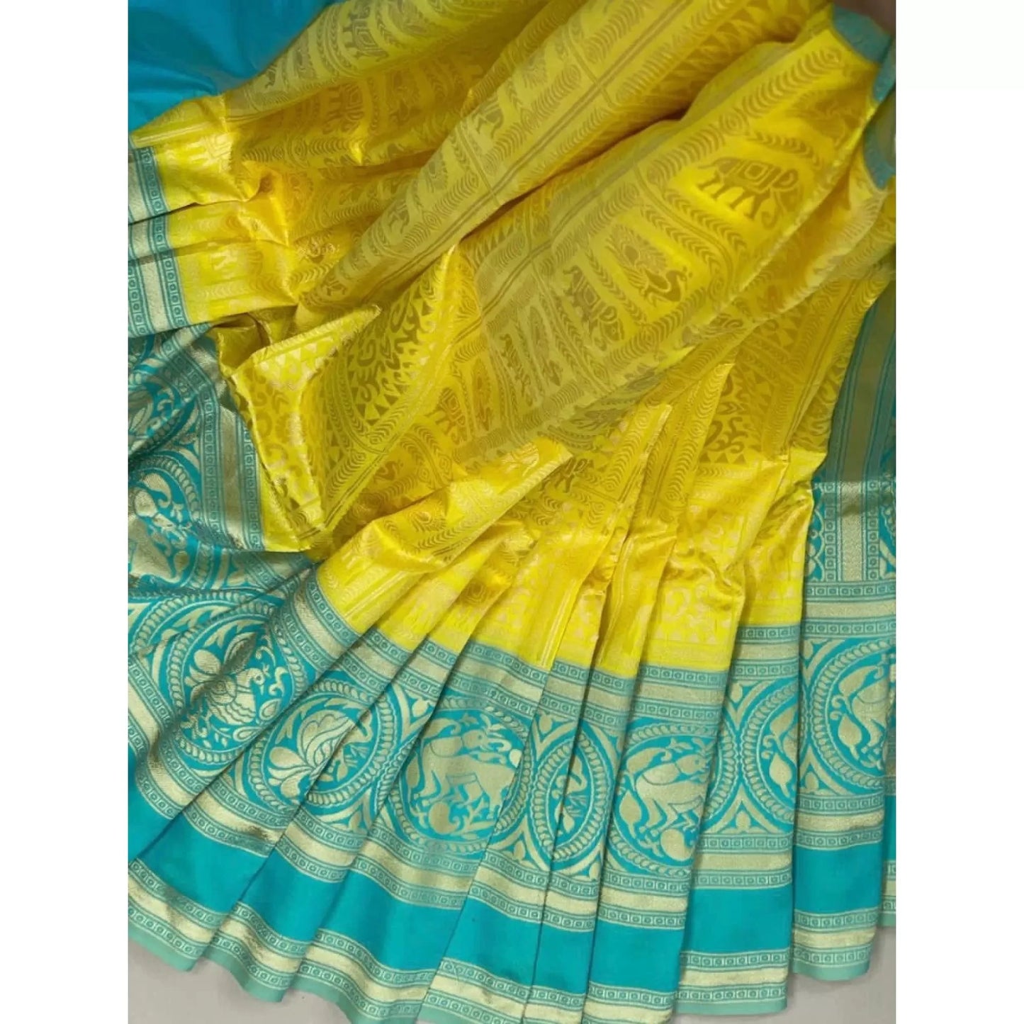 Kala Niketan Beautiful Yellow And Rama Color Lichi Silk Saree - Rich Pallu & Contrast Border Saree