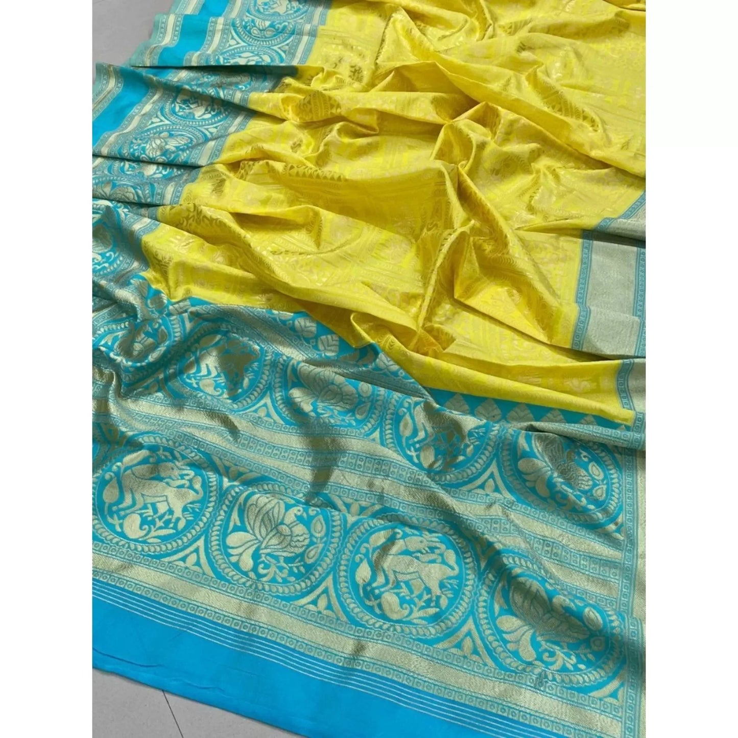 Kala Niketan Beautiful Yellow And Rama Color Lichi Silk Saree - Rich Pallu & Contrast Border Saree