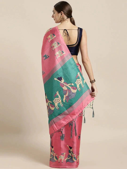 Kala Niketan Pink Silk Blend Printed Khadi Saree