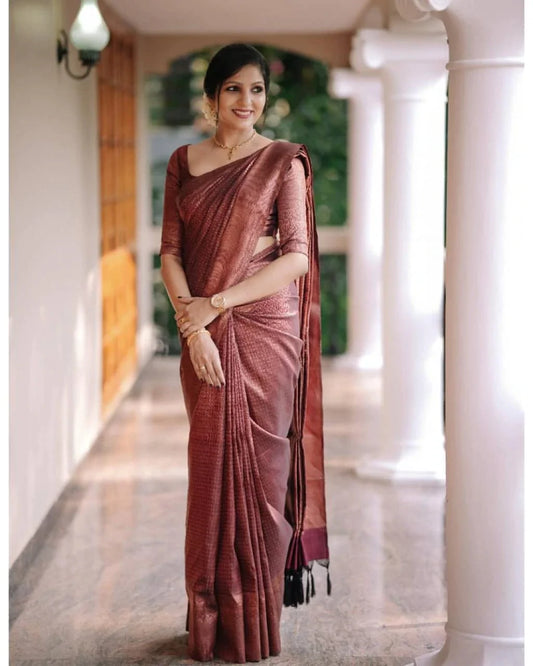 Kala Niketan Hypnotic Wine Soft Banarasi Silk Saree With Intricate Blouse Piece