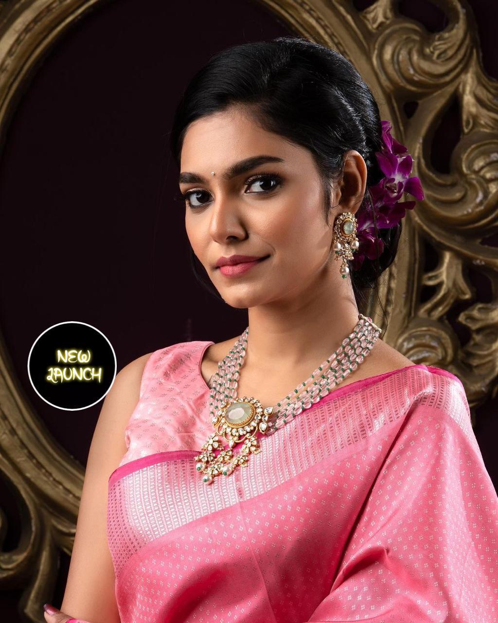 Traditional Pink Kanchi Soft Silk Sari With Attached Blouse