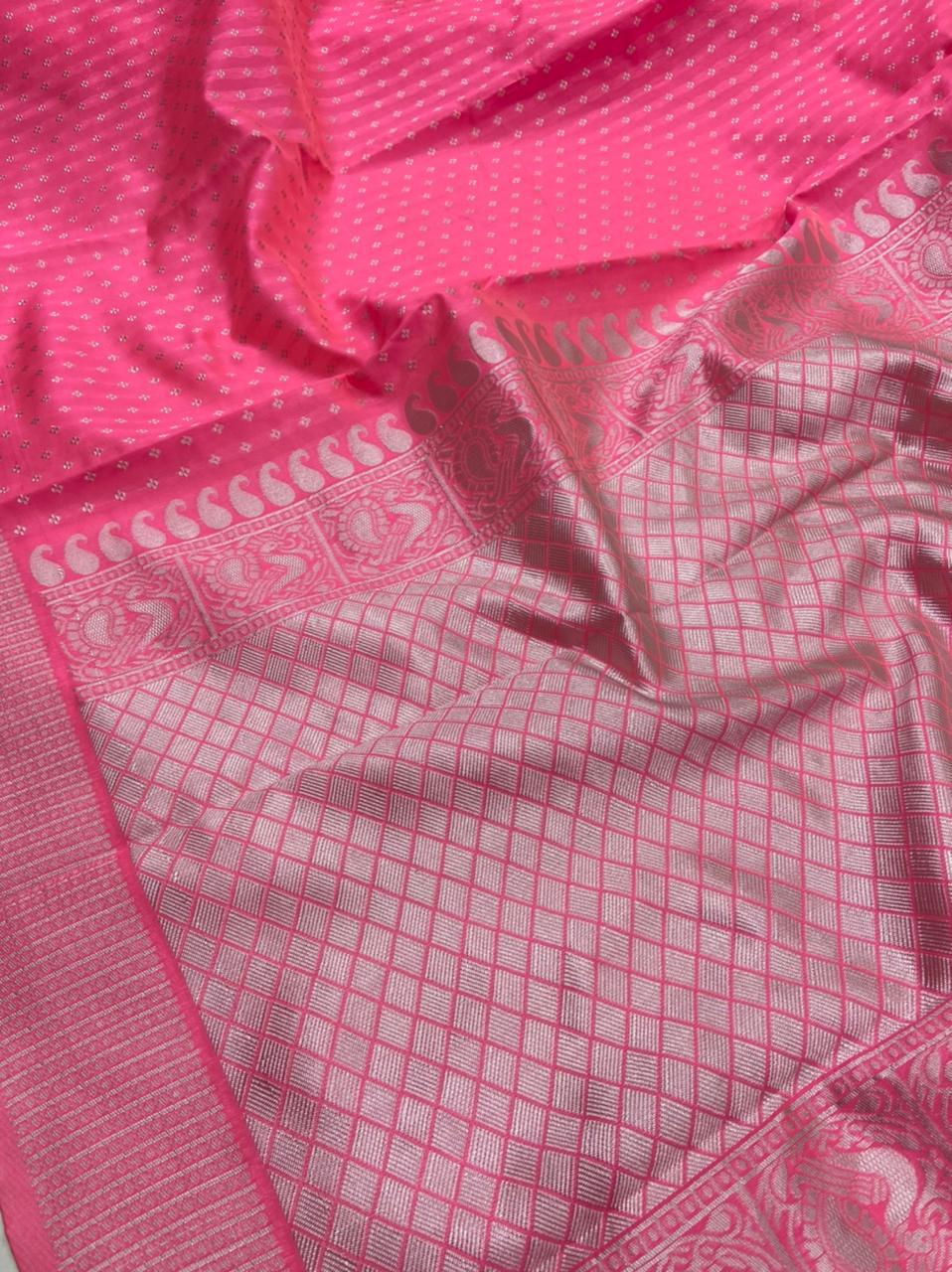 Traditional Pink Kanchi Soft Silk Sari With Attached Blouse