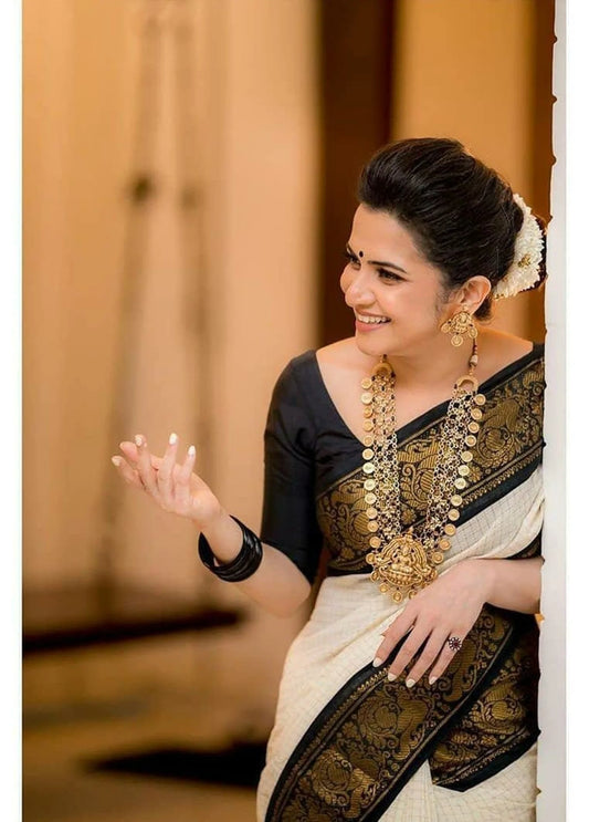 Kala Niketan Beautiful Cream White soft silk saree With Blouse